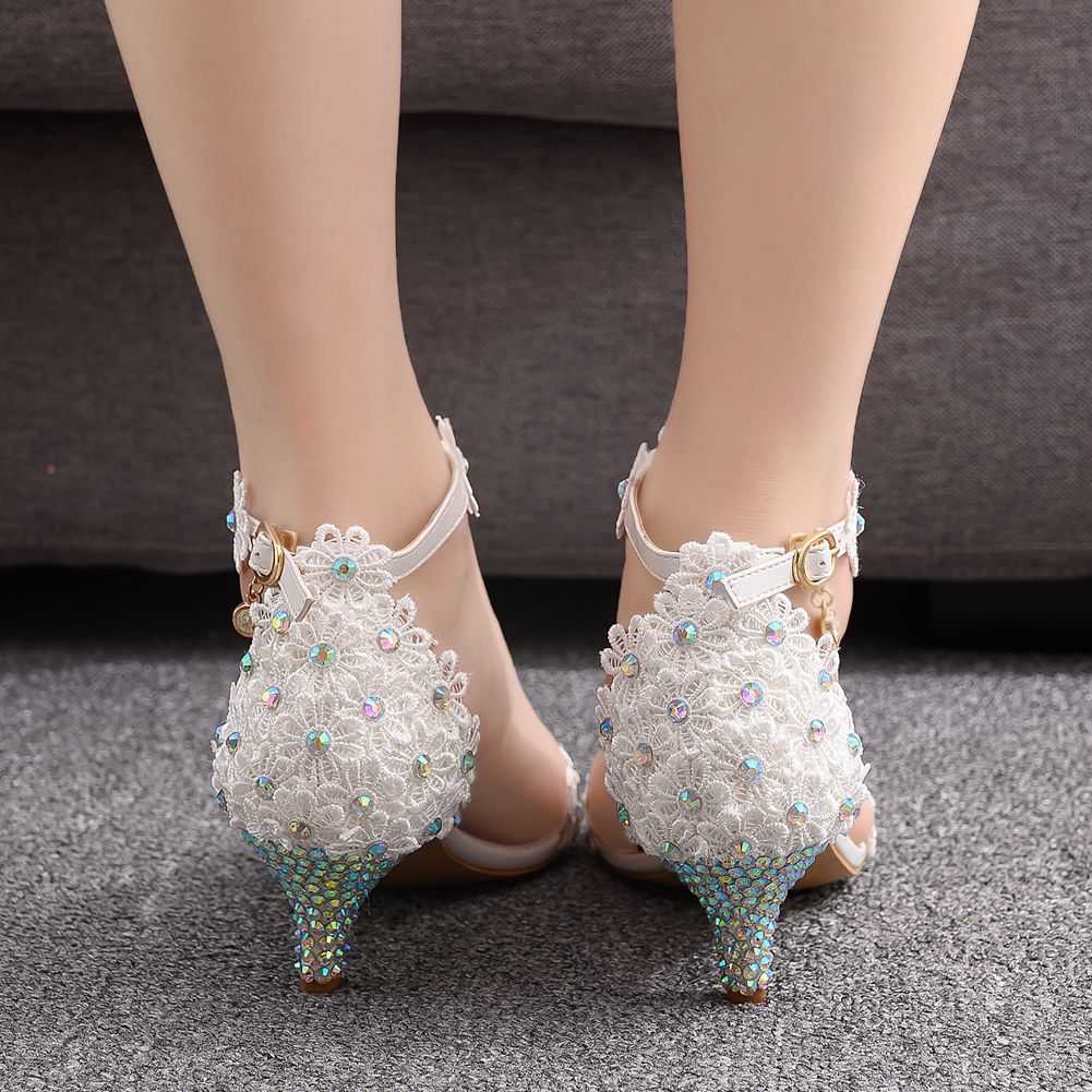 Dress White Crystal High Heels Lace Bride Princess Wedding Party Shoes Women 5cm 7cm 9cm 11cm Ankle Strap Sandals Woman H0004 G230130