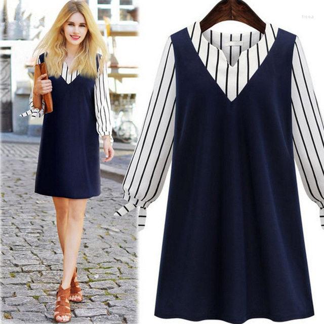 Casual Dresses 2023 European American Style Summer 1 Set Loose Size -5XL Blue Long Sleeve V-neck Striped Woman Dress, Picture shown
Casual Dresses 2023 European American Style Summer 1 Set Loose Size -5XL Blue Long Sleeve V-neck Striped Woman Dress, Picture shown