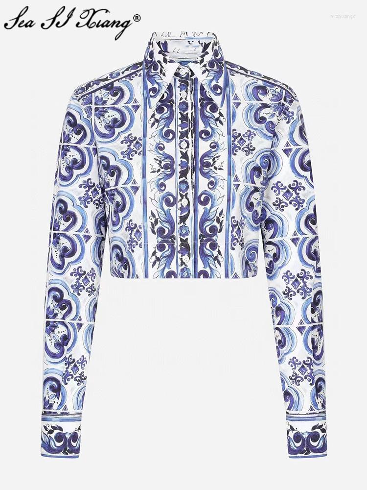 Women' Blouses Seasixiang Fashion Designer Autumn Cotton Shirt Women Turn-down Collar Long Sleeve Blue And White Porcelain Print Short Top
Women' Blouses Seasixiang Fashion Designer Autumn Cotton Shirt Women Turn-down Collar Long Sleeve Blue And White Porcelain Print Short Top