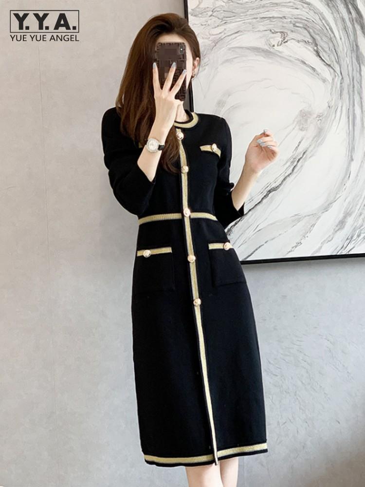 Casual Dresses Office Ladies Slim Fit Knit Dress Long Sleeve Knee Length Elegant Women Golden Button Autumn Black Knitwear Vestidos
Casual Dresses Office Ladies Slim Fit Knit Dress Long Sleeve Knee Length Elegant Women Golden Button Autumn Black Knitwear Vestidos