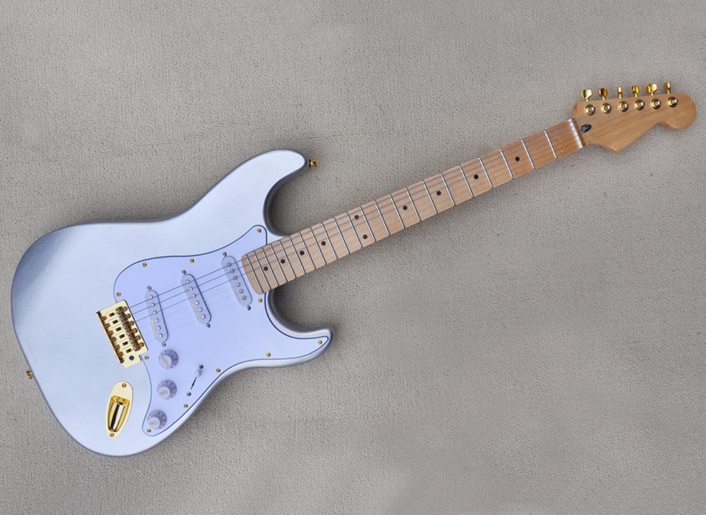 Metal Silver Electric Guitar with Maple Fretboard SSS Pickups Gold Hardware Customizable
Metal Silver Electric Guitar with Maple Fretboard SSS Pickups Gold Hardware Customizable