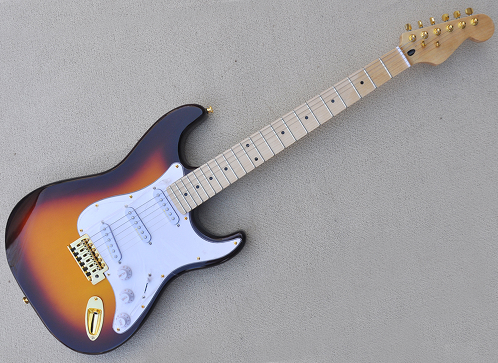 Tobacco Sunburst Electric Guitar with Gold Hardware Maple Fretboard SSS Pickups White Pickguard Can be customized
Tobacco Sunburst Electric Guitar with Gold Hardware Maple Fretboard SSS Pickups White Pickguard Can be customized