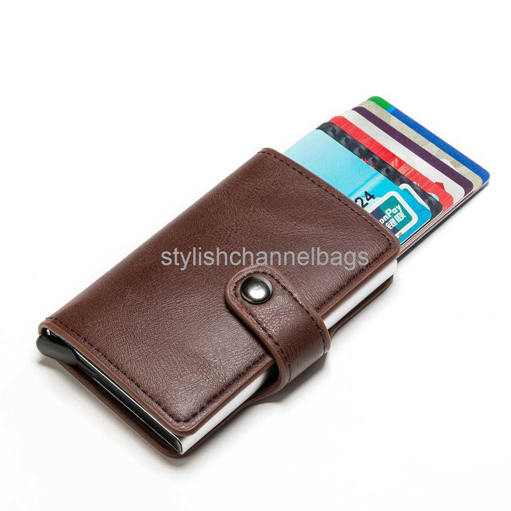 Wallets RFID Blocking Vintage Men's Credit Card Holder Aluminum Alloy ID Card Case Automatic Male Metal Leather Cardholder Wallet 0204/23