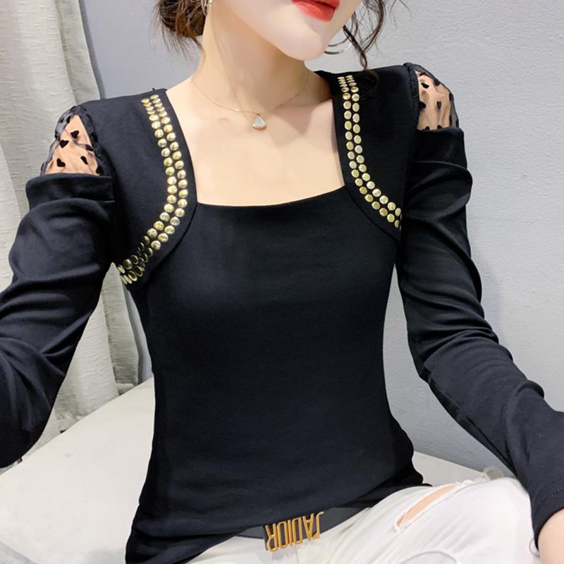 Women's T Shirts 2023 Spring Women Square Collar Long Sleeved Rivet Mesh Tops Elegant Slim Solid Color -3XL Plus Size Blusas, Black
Women's T Shirts 2023 Spring Women Square Collar Long Sleeved Rivet Mesh Tops Elegant Slim Solid Color -3XL Plus Size Blusas, Black