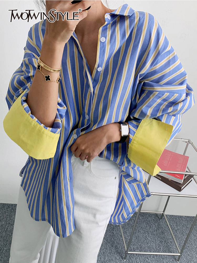 Women' Blouses Shirts TWOTWINSTYLE Straight Fashion Shirt For Women Lapel Long Sleeve Striped Colorblock Button Through Blouse Female Clothing Style 230204, Blue
Women' Blouses Shirts TWOTWINSTYLE Straight Fashion Shirt For Women Lapel Long Sleeve Striped Colorblock Button Through Blouse Female Clothing Style 230204, Blue