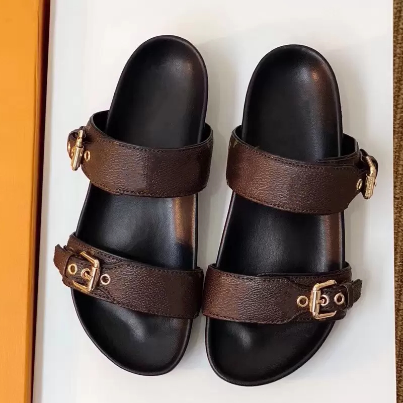 2023New BOM DIA FLAT MULE 1A3R5M Cool Effortlessly Stylish Slides 2 Straps with Adjusted Gold Buckles Women Summer Slippers