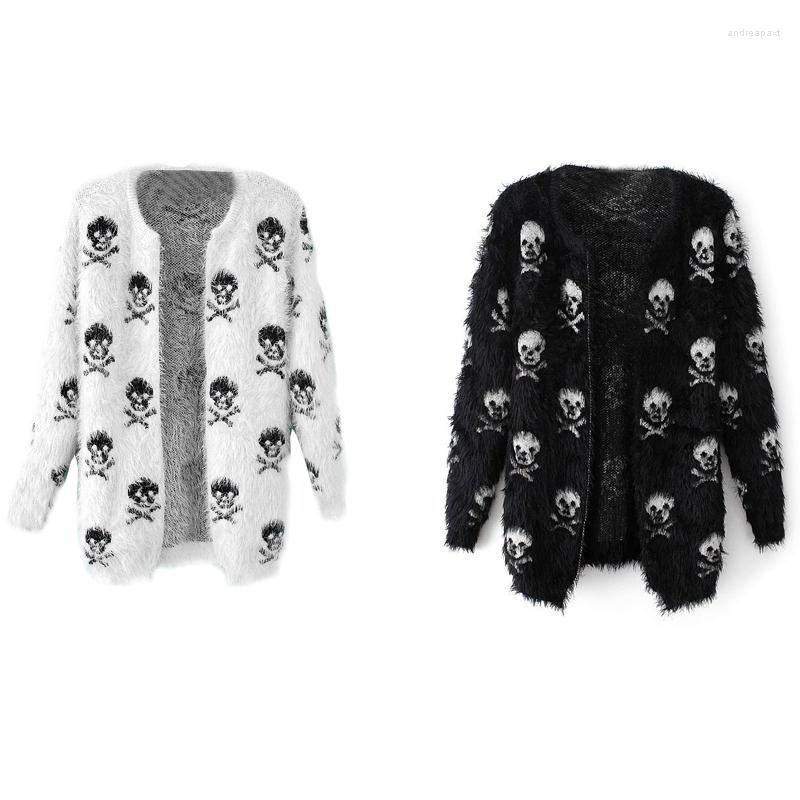 Women's Knits Women Furry Mohair Sweater Cardigan Long Sleeve Skull Print Knitwear Midi Coat, Black 
Women's Knits Women Furry Mohair Sweater Cardigan Long Sleeve Skull Print Knitwear Midi Coat, Black