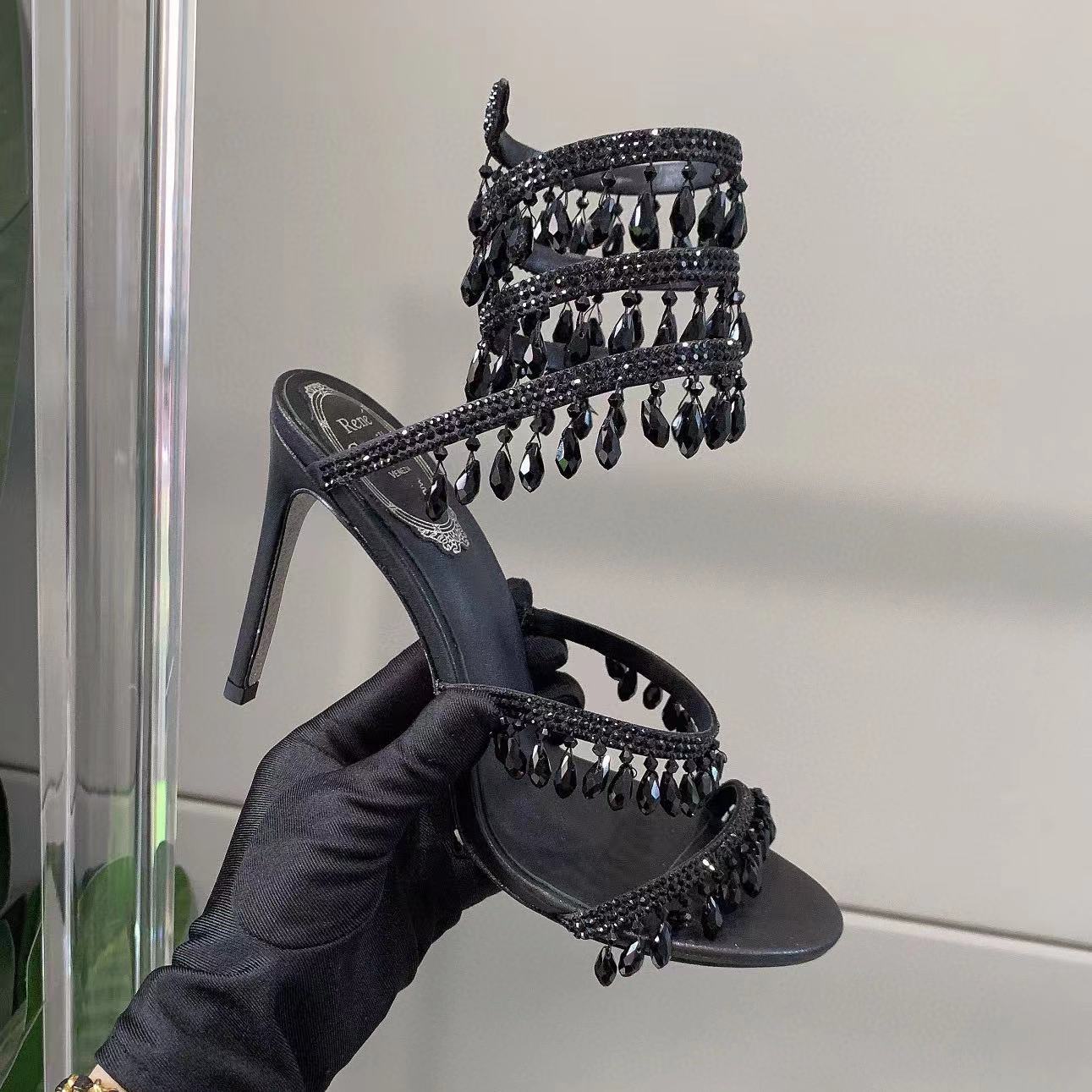 

Crystals Embellished rhinestone Heels sandals Rene Caovilla Cleo 95mm Designers Ankle Wraparound women high heeled sandal flower with box, 8#