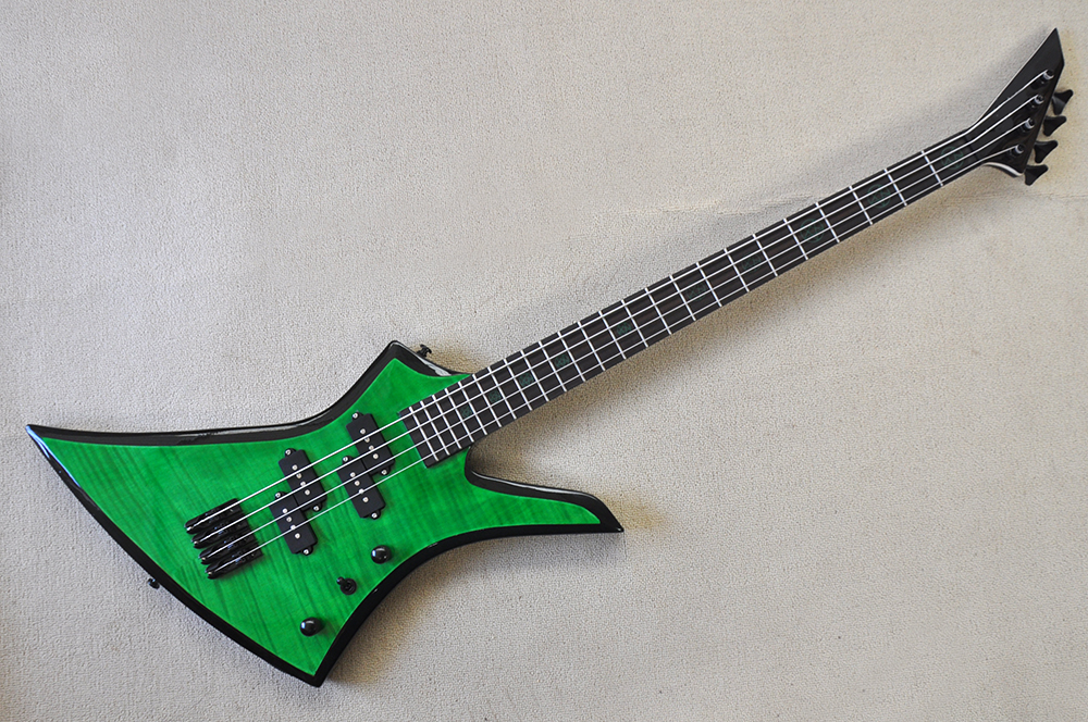 Factory Custom 4-String Green Electric Bass Guitar with Flame Maple Veneer Black Hardwares Rosewood Fretboard Black Strip Offer Customized
