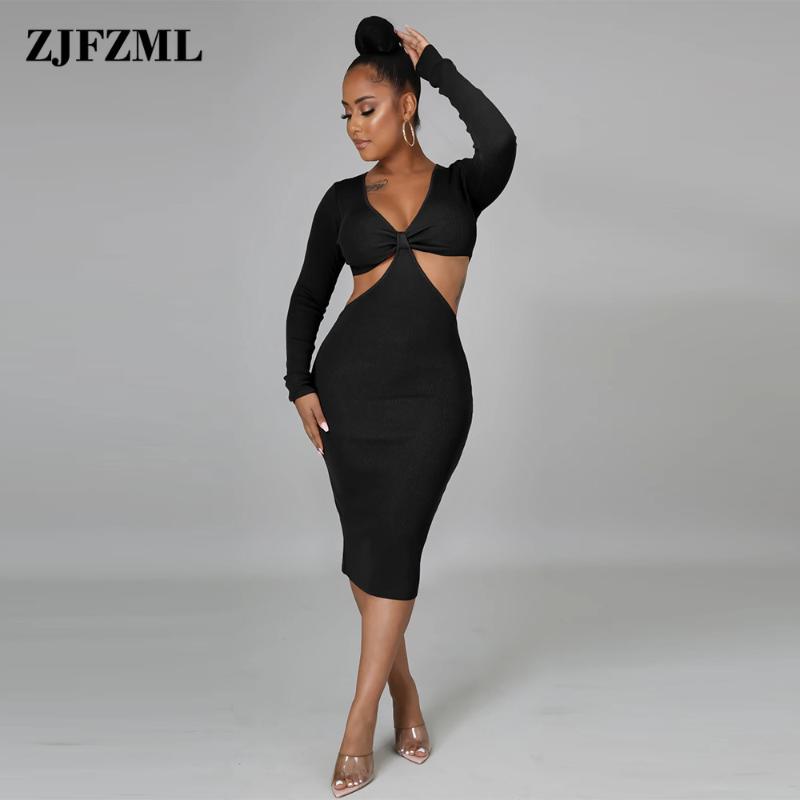 

Casual Dresses Simplicity Solid Women' Skinny Midi Dress Sexy Deep V Neck Long Sleeve Ribbed Sheath Elegance Waist Band Cut Out Robe, Black