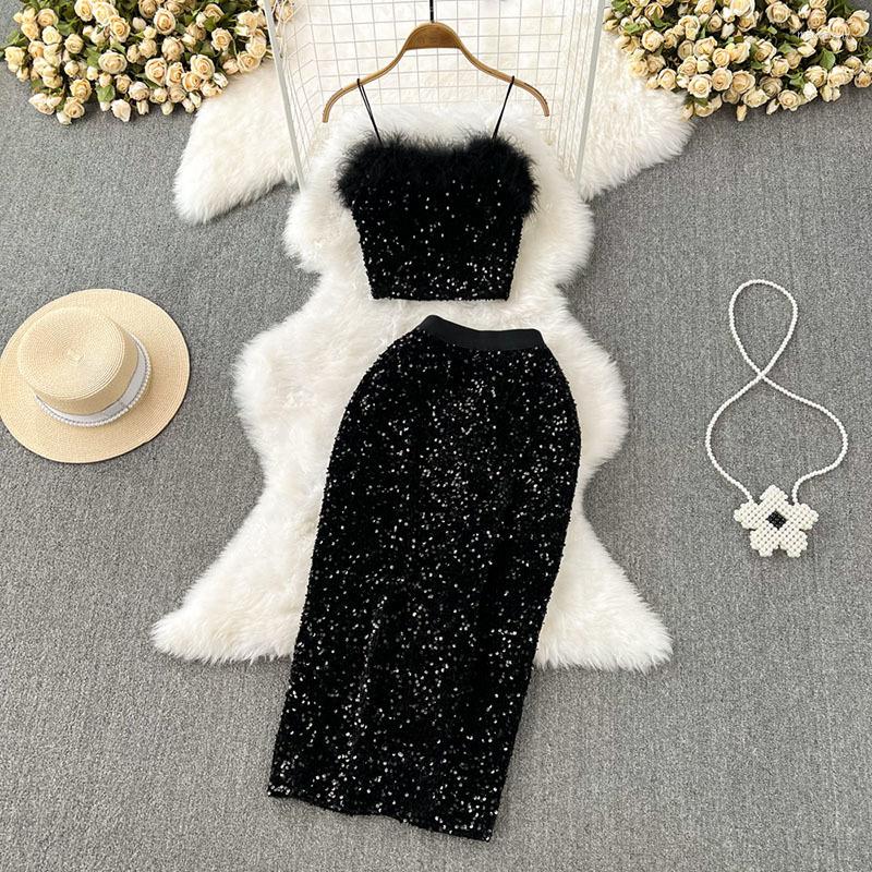 Work Dresses Sequin Sexy Two Piece Set Women Backless Sleeveless Glitter Tank Top And Midi Skirt Suit Female Fashion Outfit, Black
Work Dresses Sequin Sexy Two Piece Set Women Backless Sleeveless Glitter Tank Top And Midi Skirt Suit Female Fashion Outfit, Black