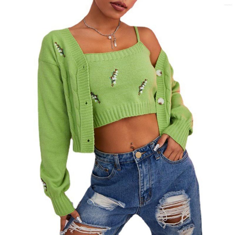 Women's Knits 2023 Women Two-piece Clothes Set Leaves Embroidery Pattern Camisole And Long Sleeve Cardigan