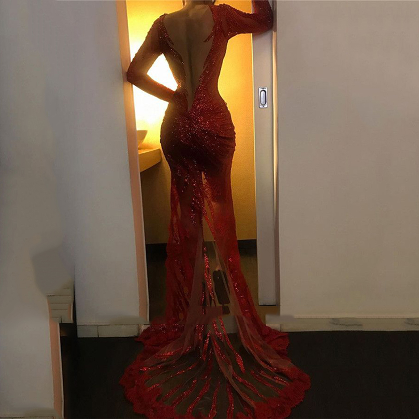 Mermaid Elegant Sequined Prom Dresses Sexy V Neck Backless Long Sleeves Formal Dress Evening Gown Abiti Da Cerimonia
