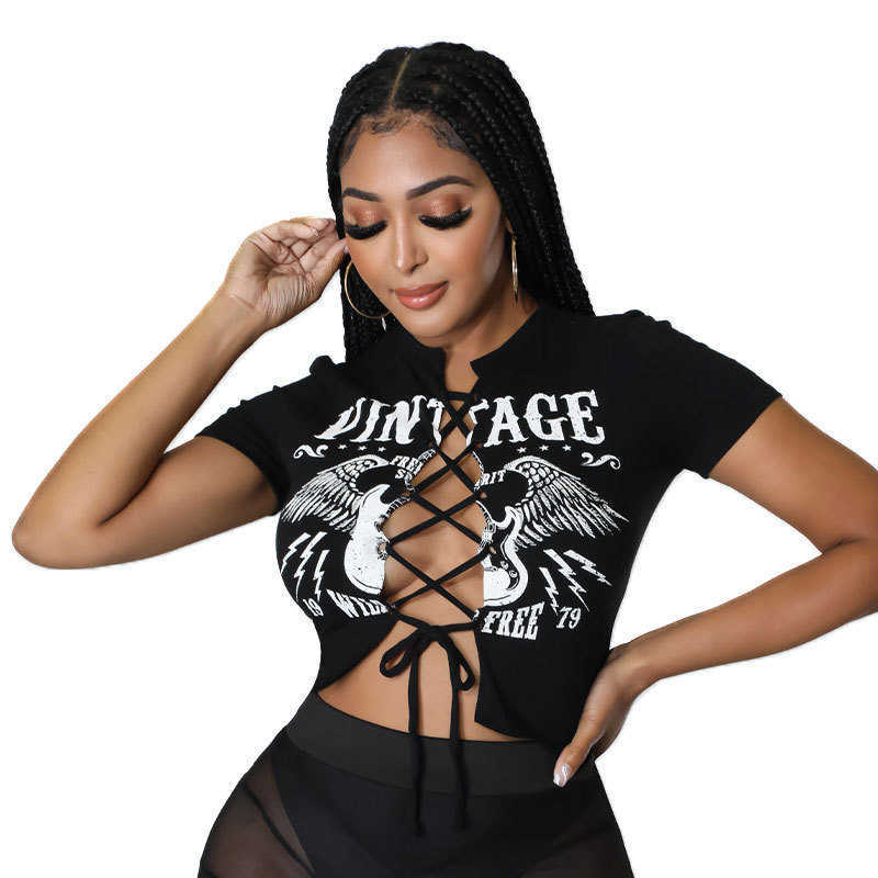 Women's T-Shirt women's summer short sleeve T-shirt top summer fashion women's bandage printed clothes blouses T shirt
