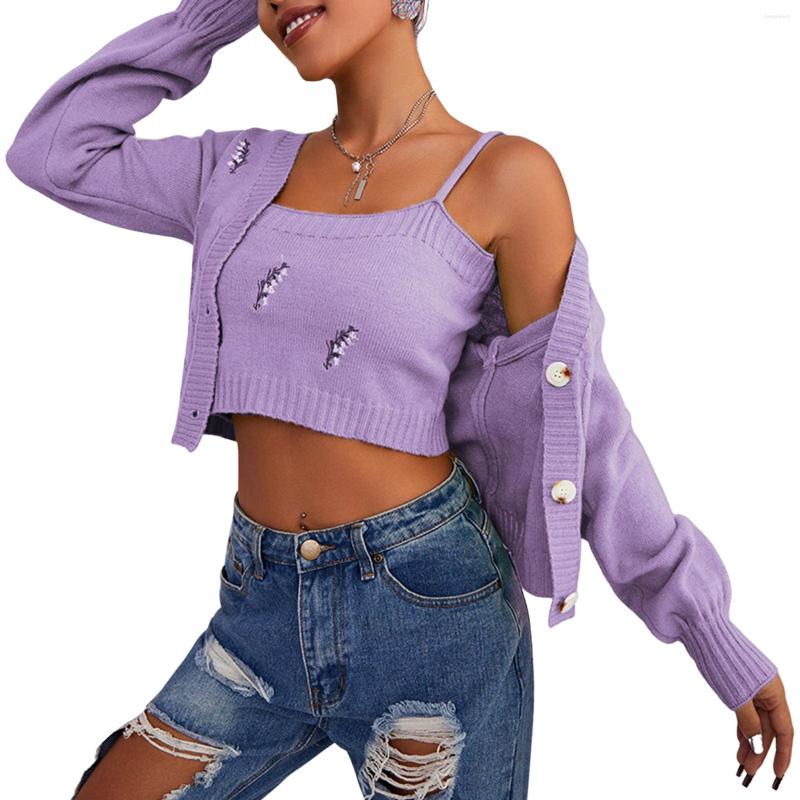Women's Knits 2023 Women Two-piece Clothes Set Leaves Embroidery Pattern Camisole And Long Sleeve Cardigan