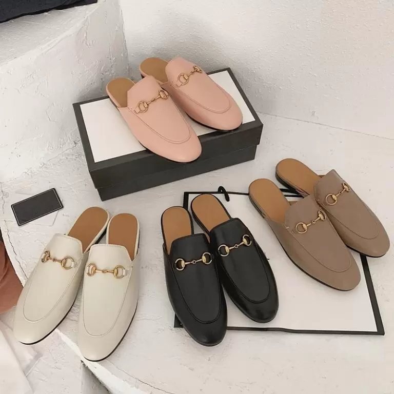 2023Fashion Designer Princetown Slippers Genuine Leather Mules Women Loafers Metal Chain Comfortable Casual Shoe Lace Velvet Slipper WIth Box