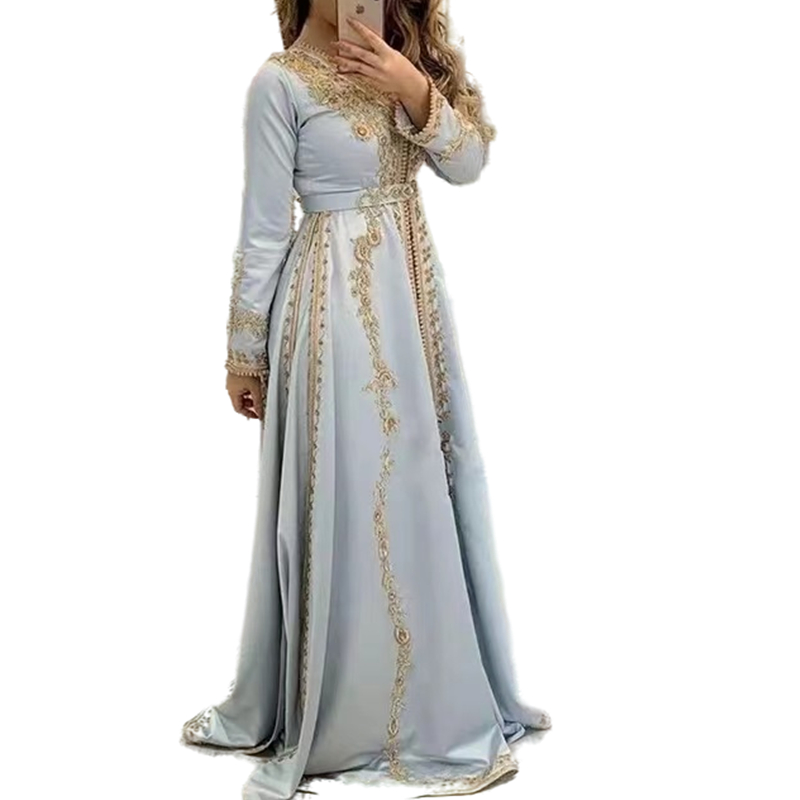 Elegant Moroccan Kaftan Long Evening Dresses V-neck Gold Lace Applique Crystals Beaded Floor Length A-Line Formal Event Gowns Arabic Dubai Muslim Isla
