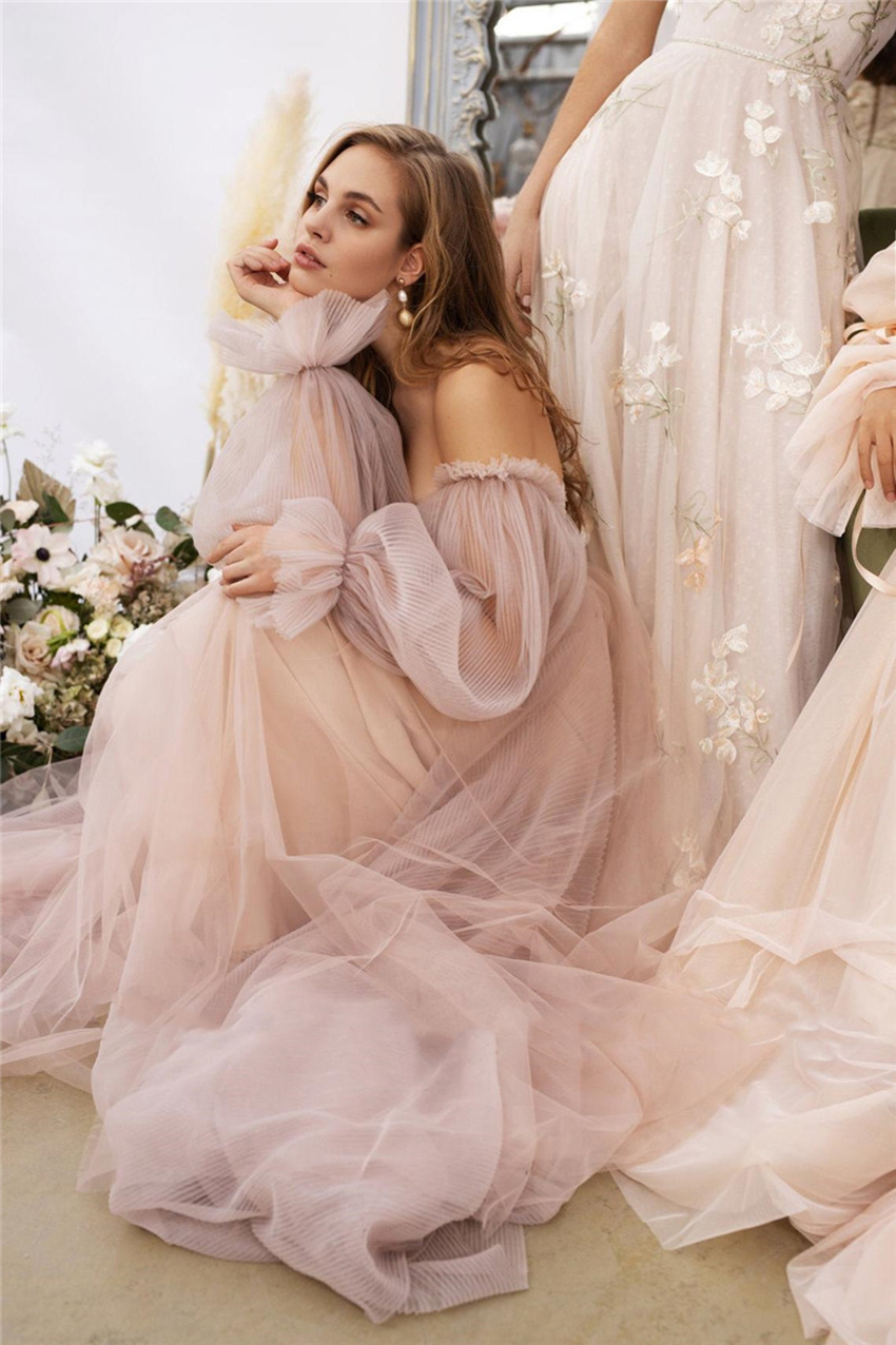 Dusty Pink Long Dresses Off the Shoulder Sweetheart Tulle Romantic Elegant Princess Prom Party Gown Custom