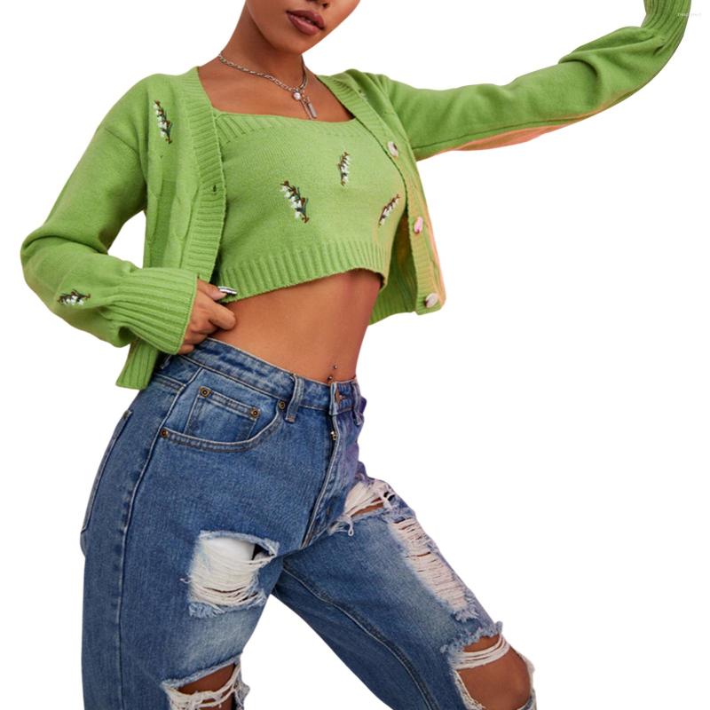 Women's Knits 2023 Women Two-piece Clothes Set Leaves Embroidery Pattern Camisole And Long Sleeve Cardigan