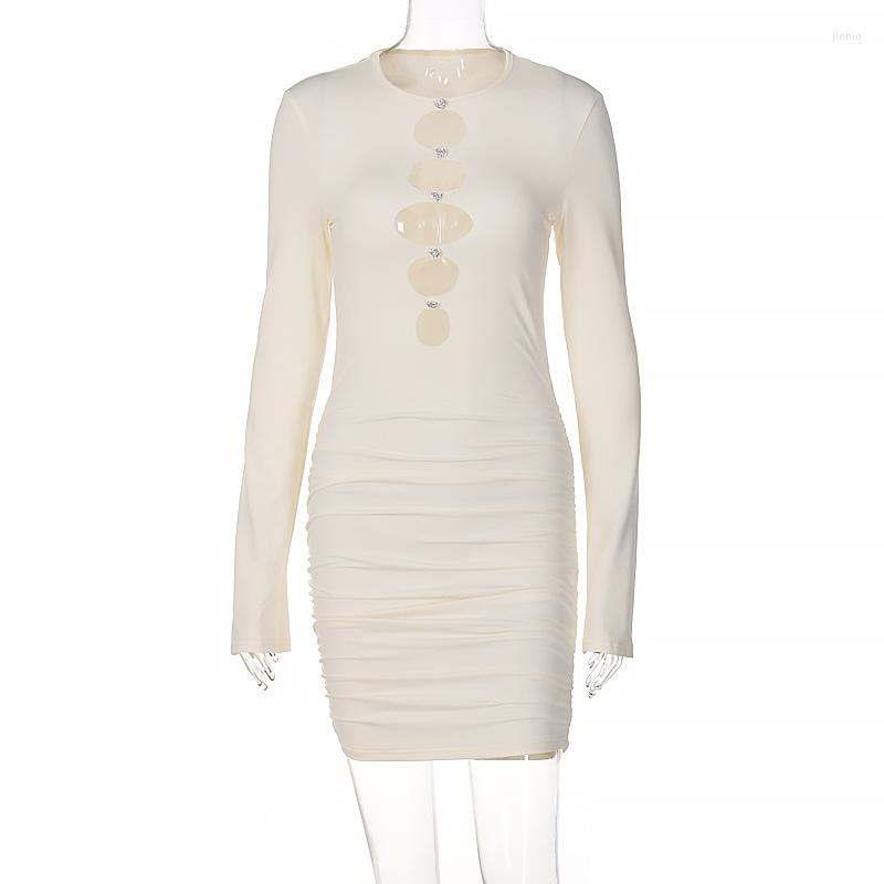 Casual Dresses Summer Long Sleeve Solid Color Hollow Out Sexy Women Dress Bodycon Pink White Party Nightclub Wear