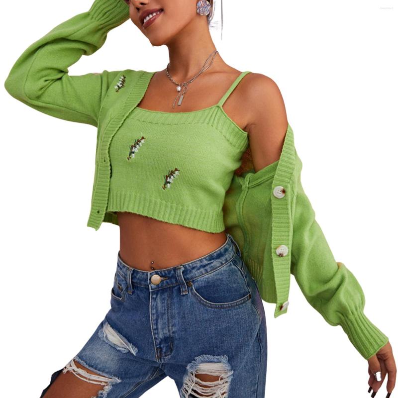 Women's Knits 2023 Women Two-piece Clothes Set Leaves Embroidery Pattern Camisole And Long Sleeve Cardigan