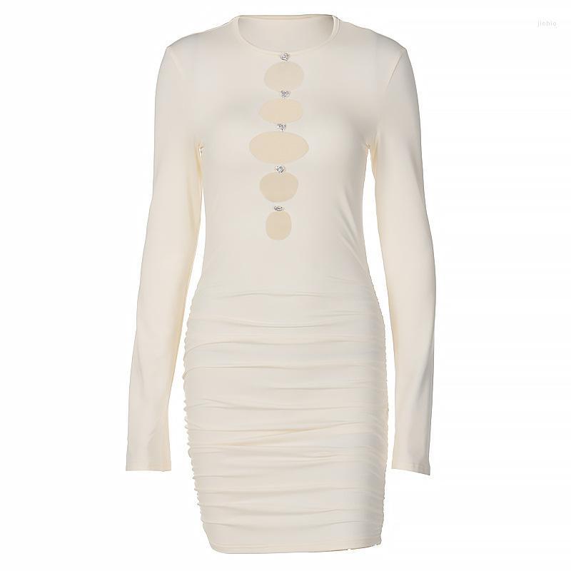 Casual Dresses Summer Long Sleeve Solid Color Hollow Out Sexy Women Dress Bodycon Pink White Party Nightclub Wear