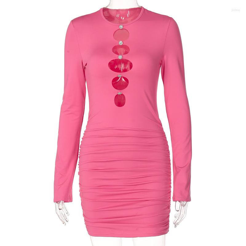 Casual Dresses Summer Long Sleeve Solid Color Hollow Out Sexy Women Dress Bodycon Pink White Party Nightclub Wear