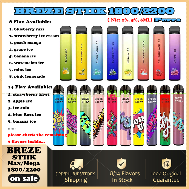 Original Breze Stiik E Cigarettes Max 1800, Mega 2200 2/5% Disposable Vape Pen With 950mAh Battery 6ML Capacity 8/14 Flavors Available VS BOX, BOX PRO, FIT
Original Breze Stiik E Cigarettes Max 1800, Mega 2200 2/5% Disposable Vape Pen With 950mAh Battery 6ML Capacity 8/14 Flavors Available VS BOX, BOX PRO, FIT