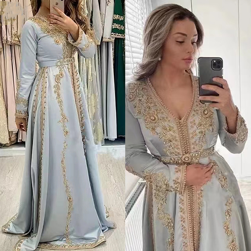 Elegant Moroccan Kaftan Long Evening Dresses V-neck Gold Lace Applique Crystals Beaded Floor Length A-Line Formal Event Gowns Arabic Dubai Muslim Isla
