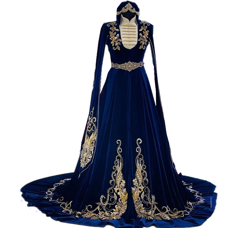 Royal Moroccan Kaftan Evening Dresses High Neck Long Sleeves Gold Lace Appliques Veet Blue And Beige Formal Ocn Gowns Arabic Dubai Abaya Prom Dress 02