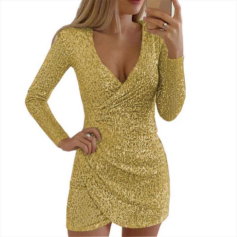 Autumn Sexy Casual Dresses V Neck Sheath Irregular Floor Length Skirt Sequins