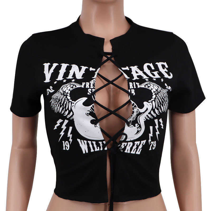 Women's T-Shirt women's summer short sleeve T-shirt top summer fashion women's bandage printed clothes blouses T shirt