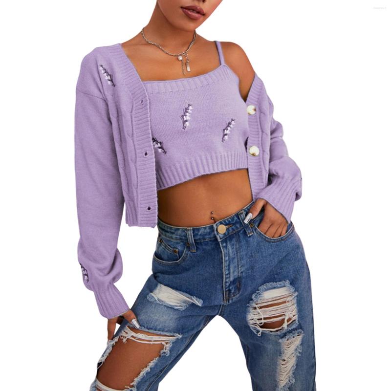 Women's Knits 2023 Women Two-piece Clothes Set Leaves Embroidery Pattern Camisole And Long Sleeve Cardigan