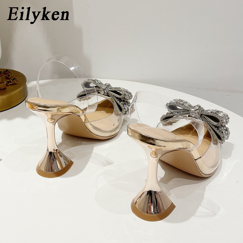 Dress Shoes Eilyken Fashion Crystal Sequined Bowknot Women Pumps Sexy Pointed Toe High Heels PVC Transparent Sandals Wedding Prom Shoes 230206