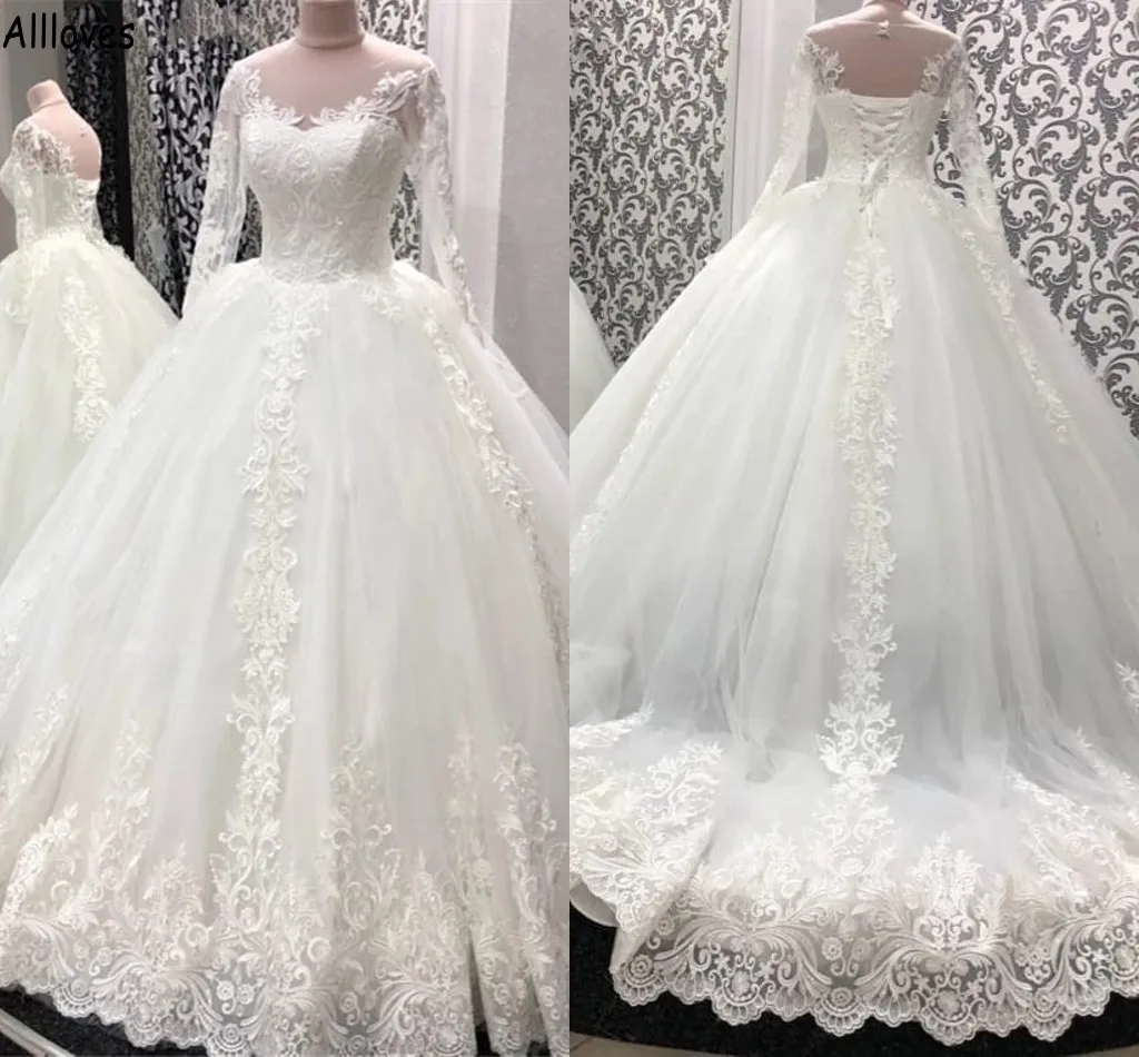 Gorgeous Long Sleeves Wedding Dresses Bridal Gown Lace Applique Ruched Pleats Sweep Train Corset Back Beach Country Custom Plus Size Vestido De Novia