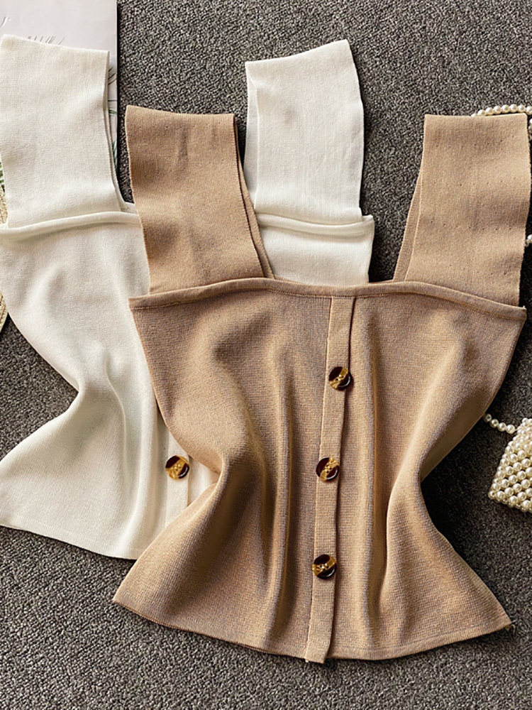 Women's Tanks Camis Summer Knitted Top Buttoned Crop Lady For s Square Neck Spaghetti s 230204Z