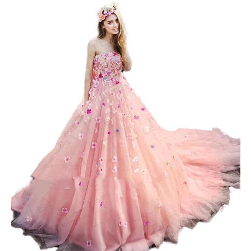 Romantic Pink Flowers Quinceanera Dresses A Line Strapless Long Tulle Prom Dress Dreamy Spring Special Occasion Wear Sweet 15 Dress