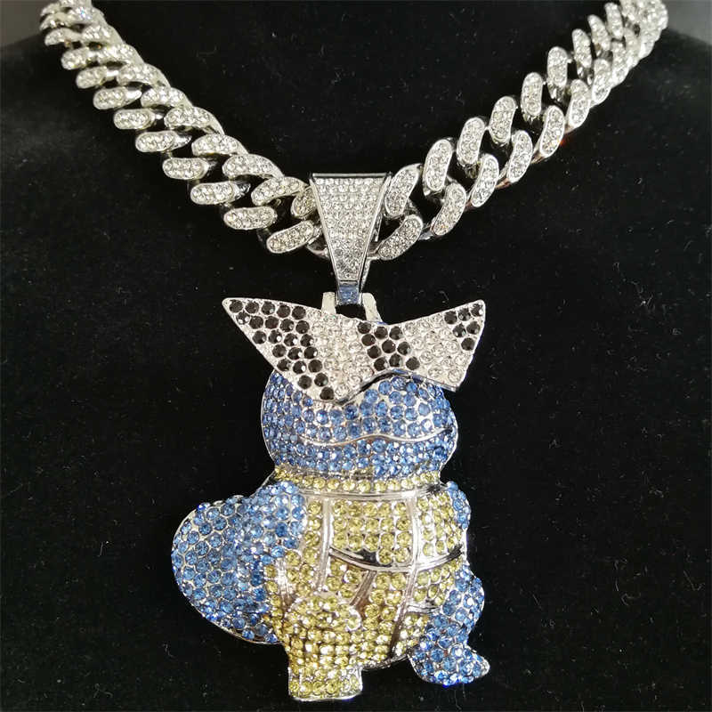 Pendant Necklaces Hip Hop Bling Anime Squirt Turtle Pendant Necklace With Ice Out Crystal Cuban Chain Fashion Carapuce Zenigame Jewelry Dropship G2302