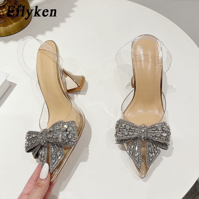 Dress Shoes Eilyken Fashion Crystal Sequined Bowknot Women Pumps Sexy Pointed Toe High Heels PVC Transparent Sandals Wedding Prom Shoes 230206