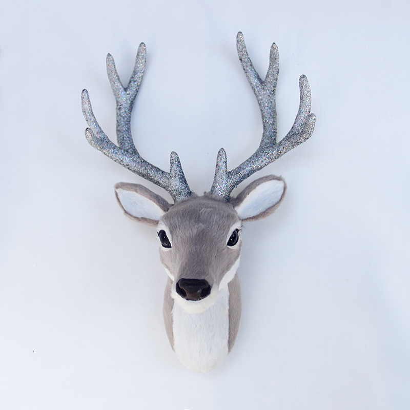Wall Decor Simulation Plush Reindeer Elk Deer Head Doll Realistic Deer Antlers Head Wall Mount Sculpture for Home Party Xmas Decor 230206