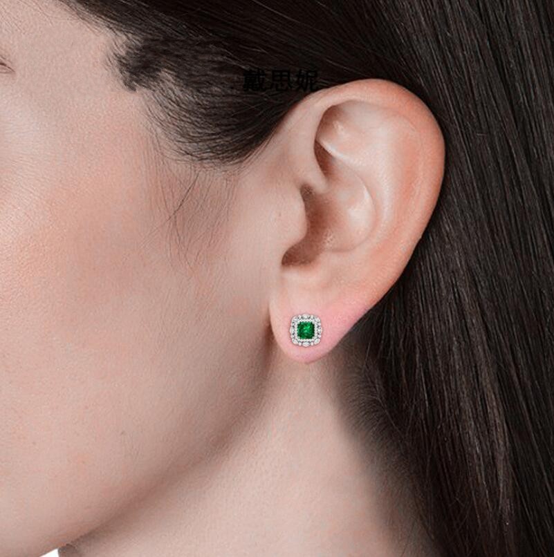 Sterg Sier Emerald CZ Dia Zircon Stud Earrings for Women Wedding Party Gift