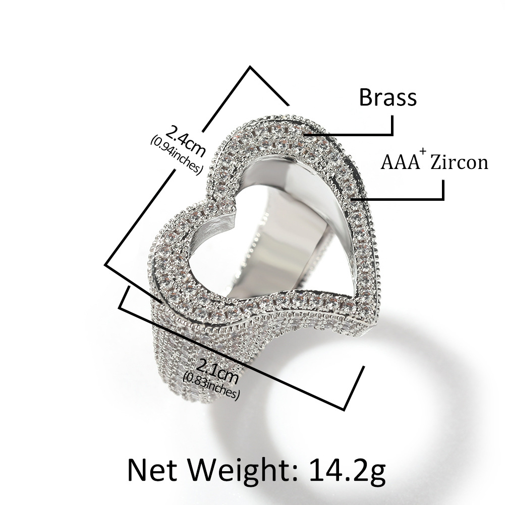 Vintage Hip Hop Hollow Heart Rings for Women Men Iced Out Finger Ring Fine Quality 18K Gold Bling CZ Cubic Zirconia Wolf Tide Punk Rock Rapper Jewelry
