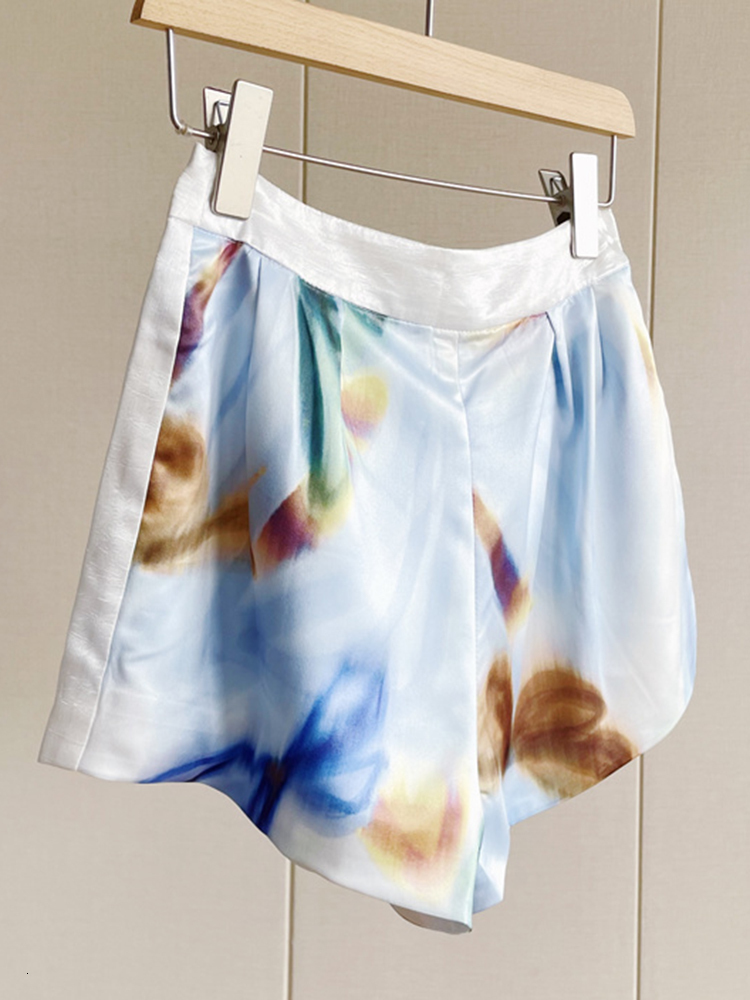 Women's Two Piece Pants TWOTYLE Print Sets For Women V Neck Long Sleeve Hollow Out Tops High Waist Shorts Summer Hit Color 230204