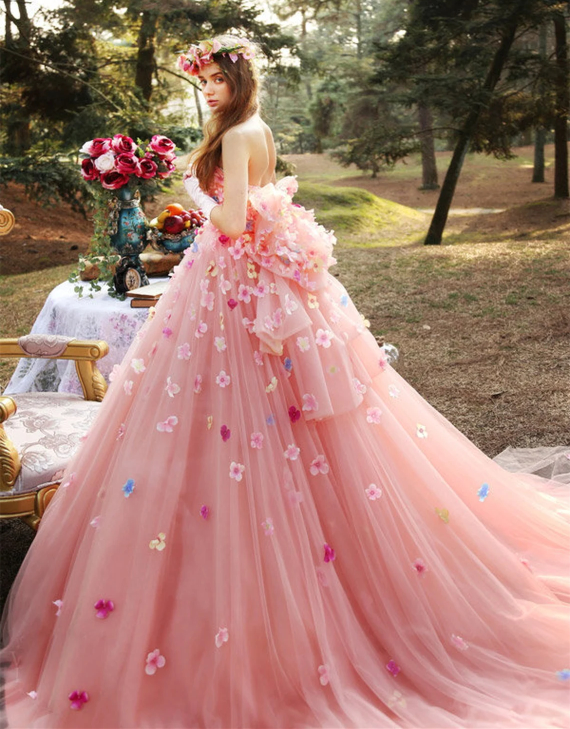 Romantic Pink Flowers Quinceanera Dresses A Line Strapless Long Tulle Prom Dress Dreamy Spring Special Occasion Wear Sweet 15 Dress