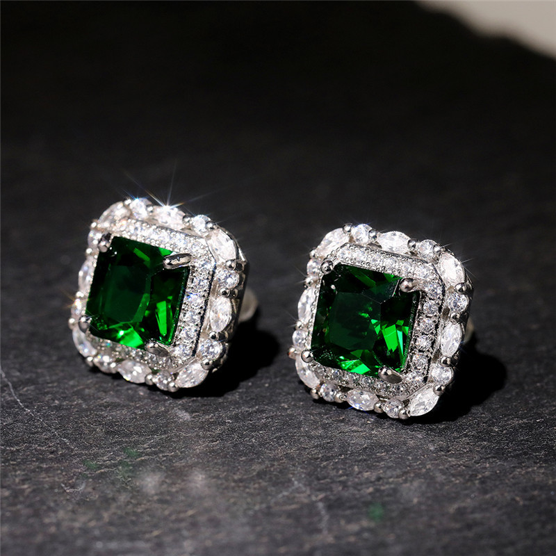 Sterg Sier Emerald CZ Dia Zircon Stud Earrings for Women Wedding Party Gift