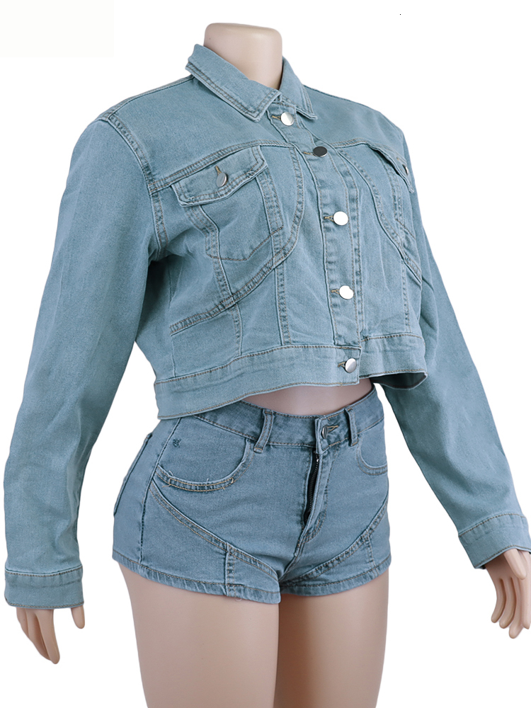 Women's Two Piece Pants Simenual Blue Denim s Set Autumn Preppy Long Sleeve Buttons Lapel Jacket and Pocket Shorts Ladies Chic 230204