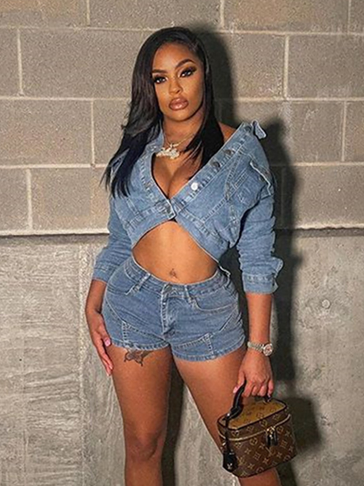 Women's Two Piece Pants Simenual Blue Denim s Set Autumn Preppy Long Sleeve Buttons Lapel Jacket and Pocket Shorts Ladies Chic 230204
