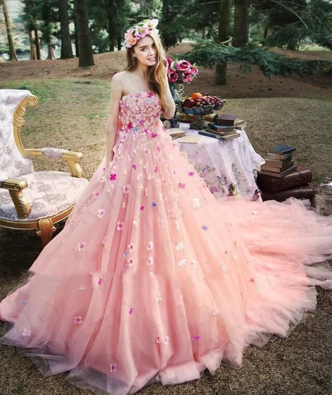 Romantic Pink Flowers Quinceanera Dresses A Line Strapless Long Tulle Prom Dress Dreamy Spring Special Occasion Wear Sweet 15 Dress