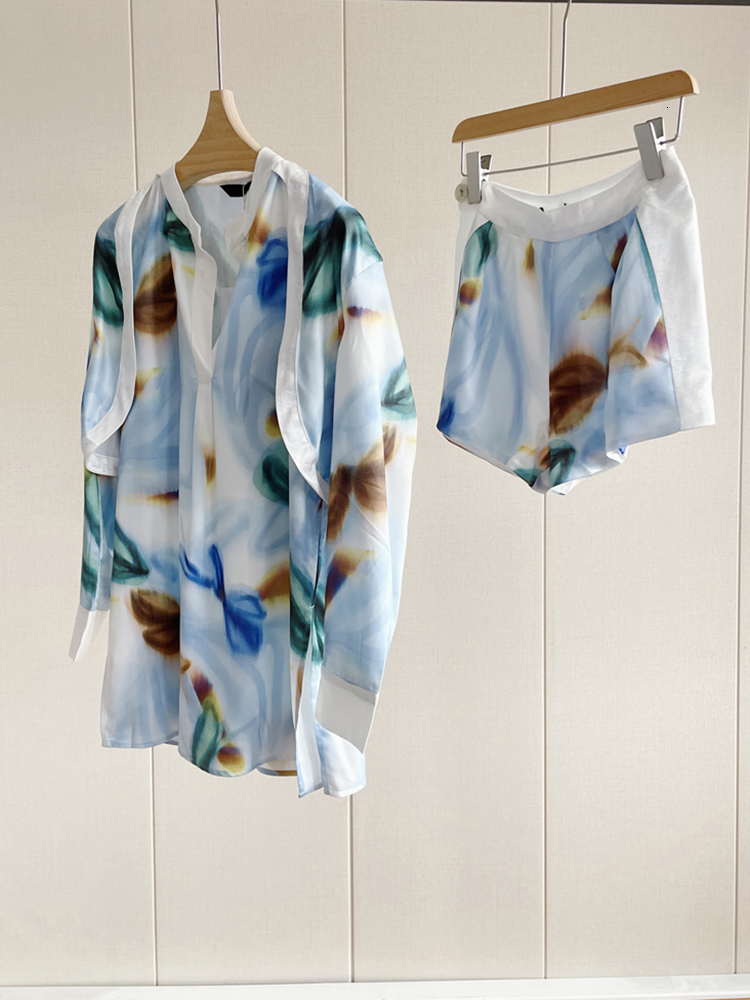 Women's Two Piece Pants TWOTYLE Print Sets For Women V Neck Long Sleeve Hollow Out Tops High Waist Shorts Summer Hit Color 230204