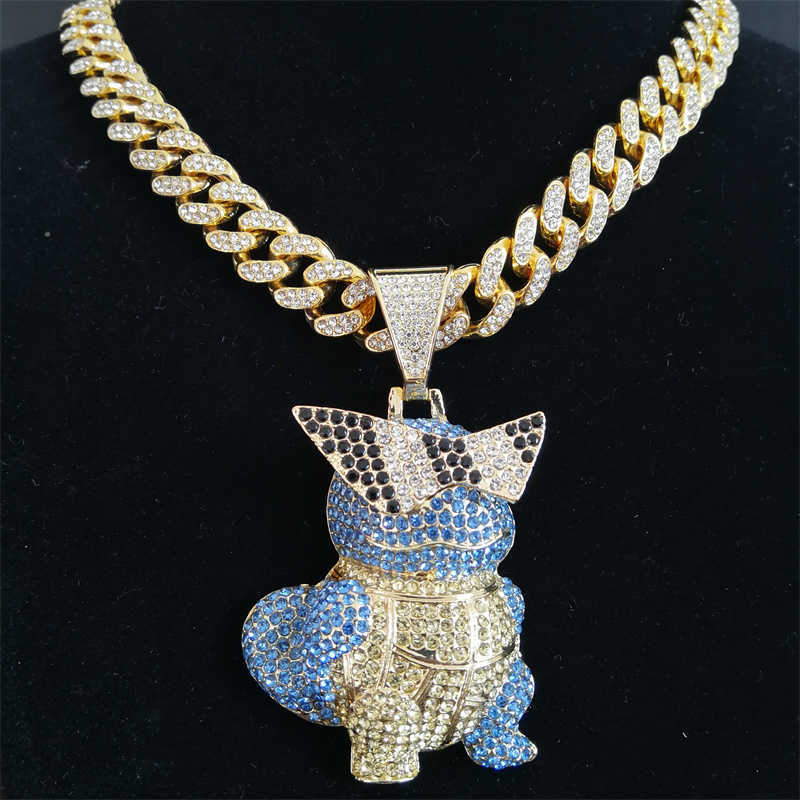 Pendant Necklaces Hip Hop Bling Anime Squirt Turtle Pendant Necklace With Ice Out Crystal Cuban Chain Fashion Carapuce Zenigame Jewelry Dropship G2302